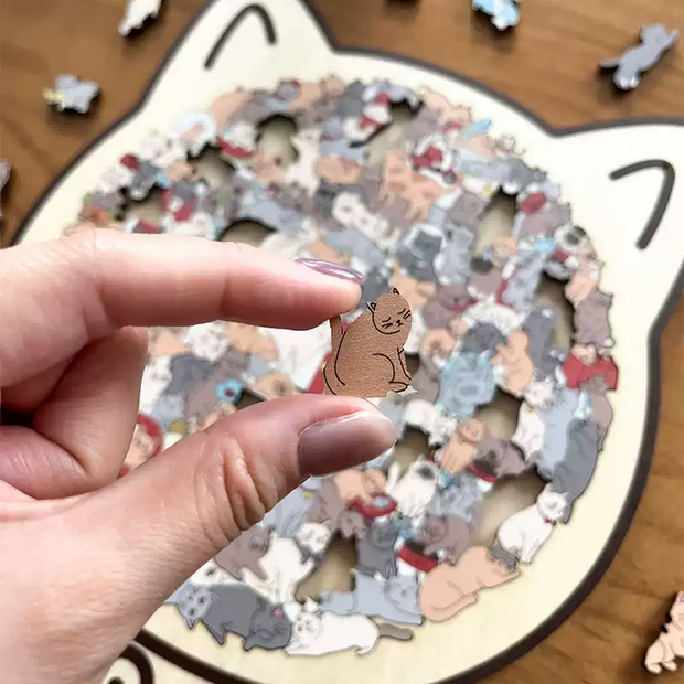 Cat-shaped wooden magnetic puzzle, 135 pieces – Challenging Irregular Jigsaw with Frame & Elegant Morandi Colors