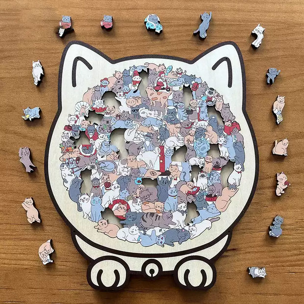 Cat-shaped wooden magnetic puzzle, 135 pieces – Challenging Irregular Jigsaw with Frame & Elegant Morandi Colors